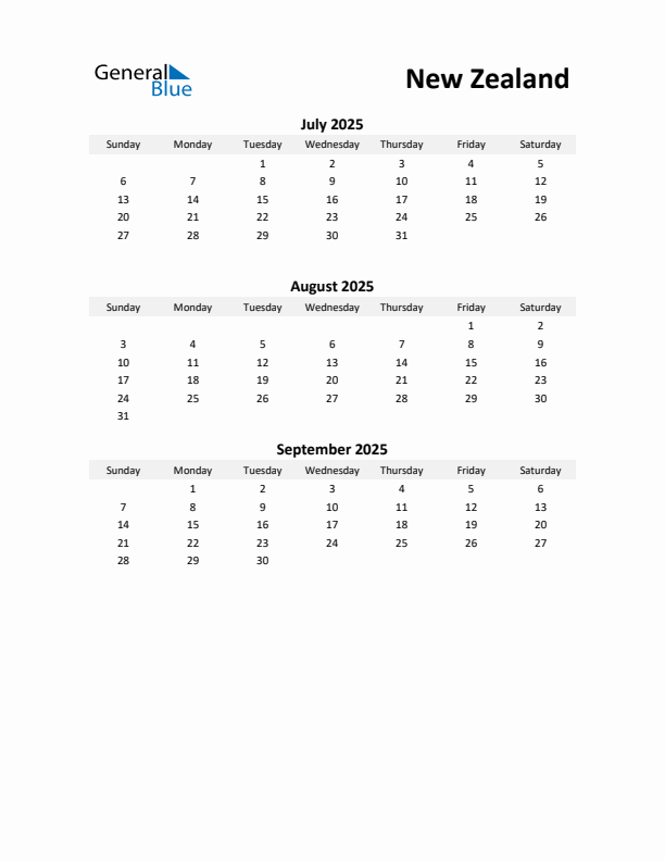 Printable Quarterly Calendar with Notes and New Zealand Holidays- Q3 of 2025