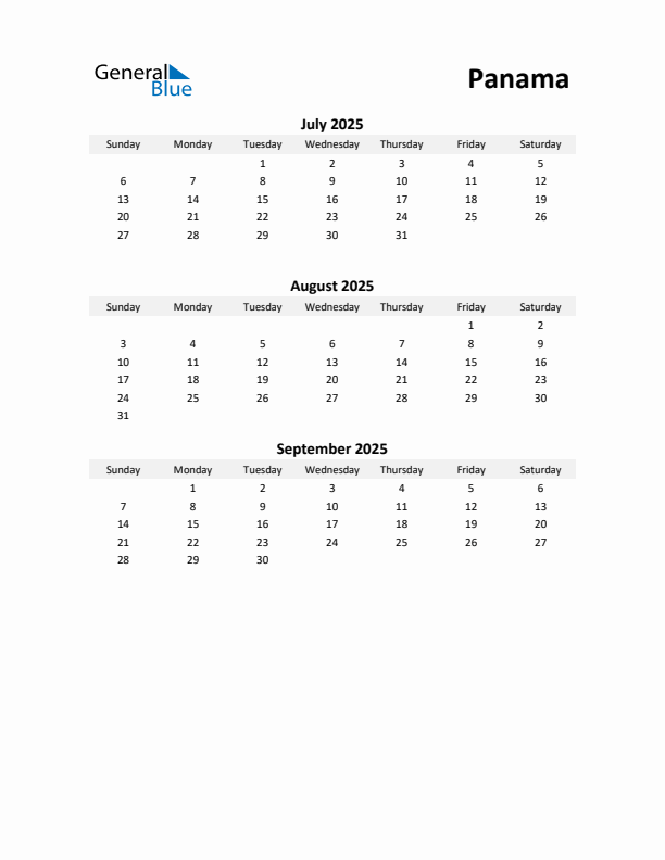 Printable Quarterly Calendar with Notes and Panama Holidays- Q3 of 2025