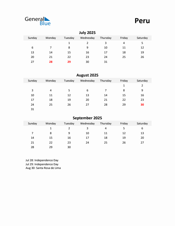 Printable Quarterly Calendar with Notes and Peru Holidays- Q3 of 2025