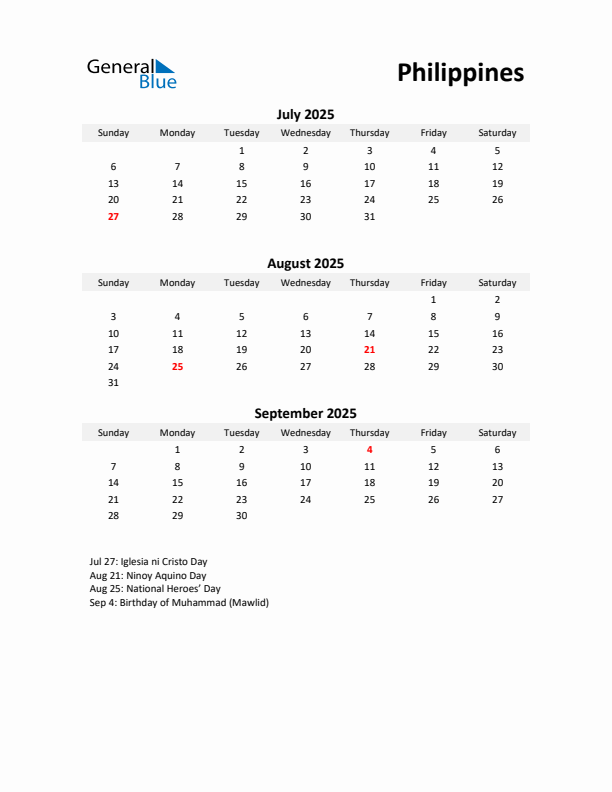 Printable Quarterly Calendar with Notes and Philippines Holidays- Q3 of 2025