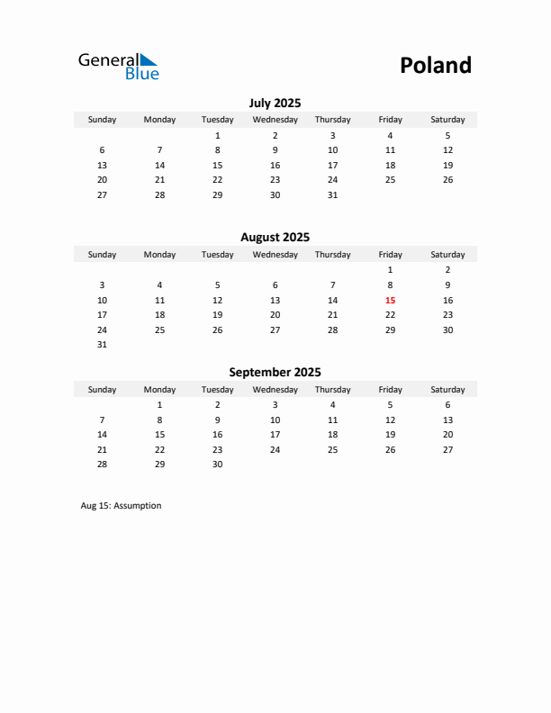 Printable Quarterly Calendar with Notes and Poland Holidays- Q3 of 2025