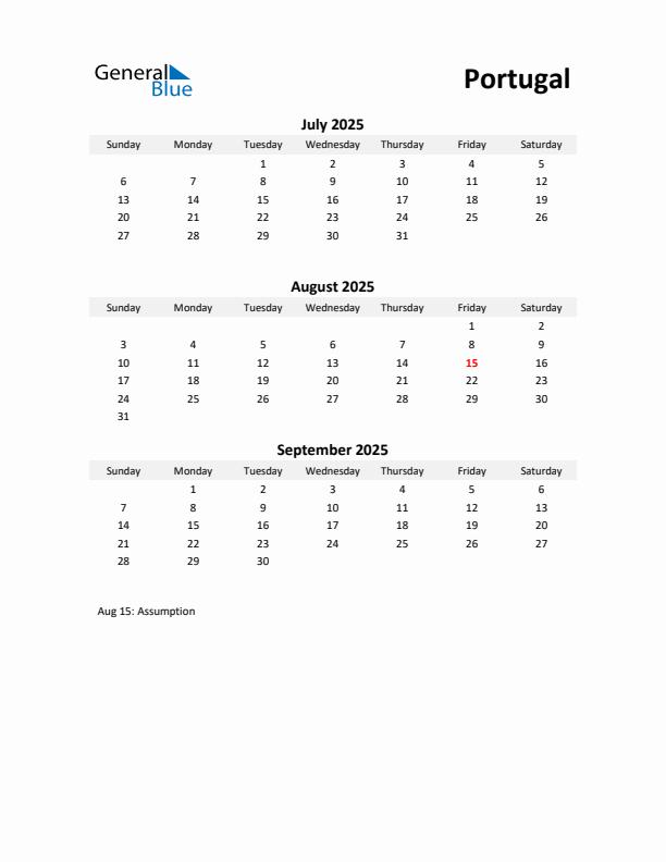 Printable Quarterly Calendar with Notes and Portugal Holidays- Q3 of 2025