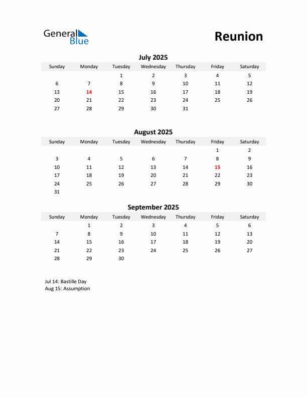 Printable Quarterly Calendar with Notes and Reunion Holidays- Q3 of 2025