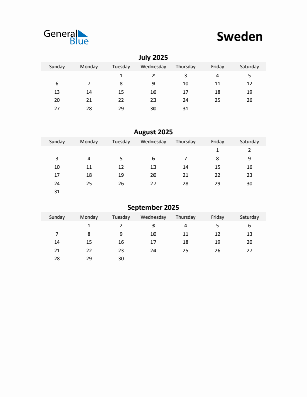 Printable Quarterly Calendar with Notes and Sweden Holidays- Q3 of 2025