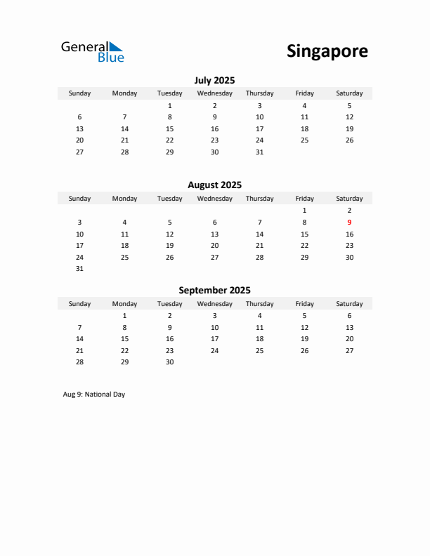 Printable Quarterly Calendar with Notes and Singapore Holidays- Q3 of 2025