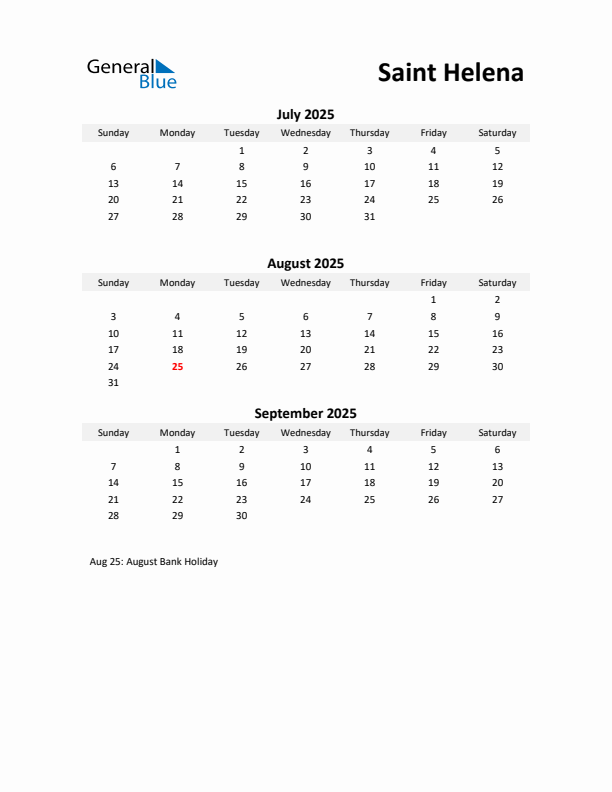 Printable Quarterly Calendar with Notes and Saint Helena Holidays- Q3 of 2025