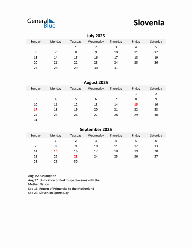 Printable Quarterly Calendar with Notes and Slovenia Holidays- Q3 of 2025