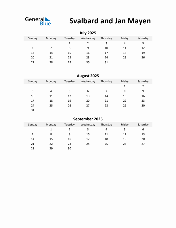 Printable Quarterly Calendar with Notes and Svalbard and Jan Mayen Holidays- Q3 of 2025