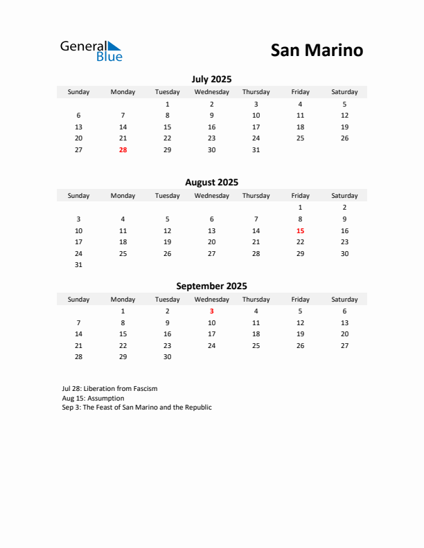 Printable Quarterly Calendar with Notes and San Marino Holidays- Q3 of 2025