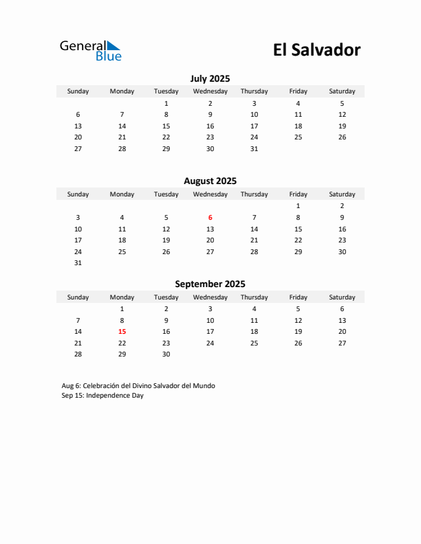 Printable Quarterly Calendar with Notes and El Salvador Holidays- Q3 of 2025