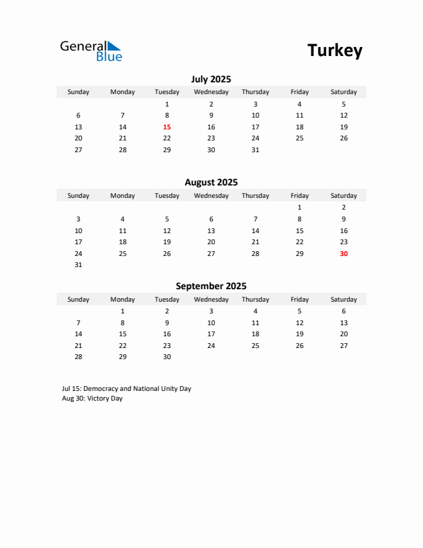 Printable Quarterly Calendar with Notes and Turkey Holidays- Q3 of 2025