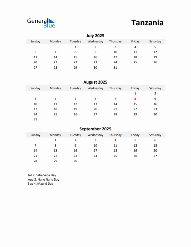 Printable Quarterly Calendar with Notes and Tanzania Holidays- Q3 of 2025