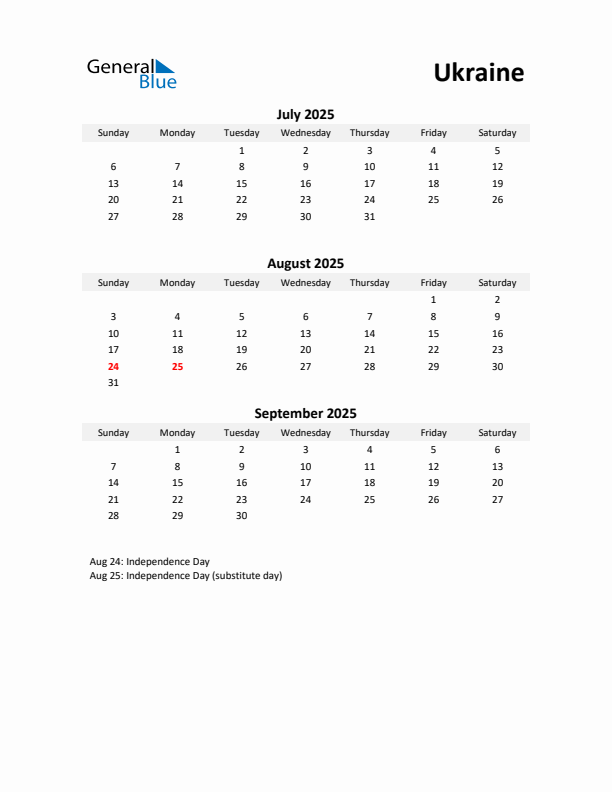 Printable Quarterly Calendar with Notes and Ukraine Holidays- Q3 of 2025