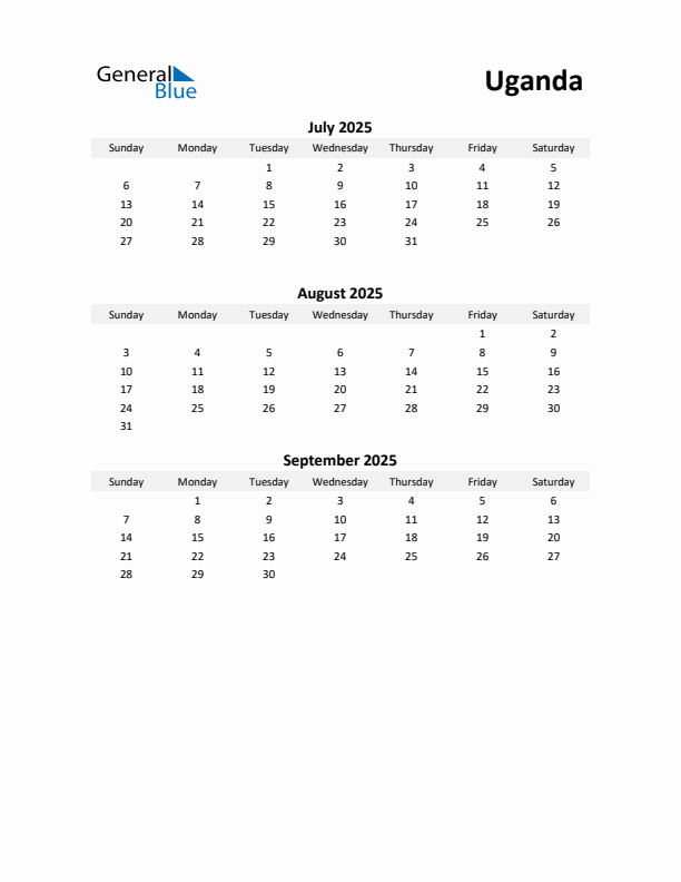 Printable Quarterly Calendar with Notes and Uganda Holidays- Q3 of 2025