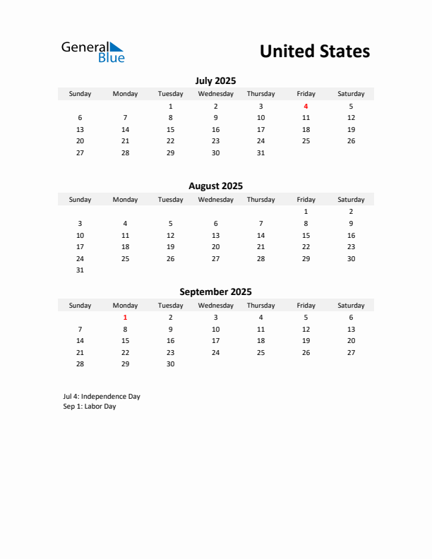 Printable Quarterly Calendar with Notes and United States Holidays- Q3 of 2025