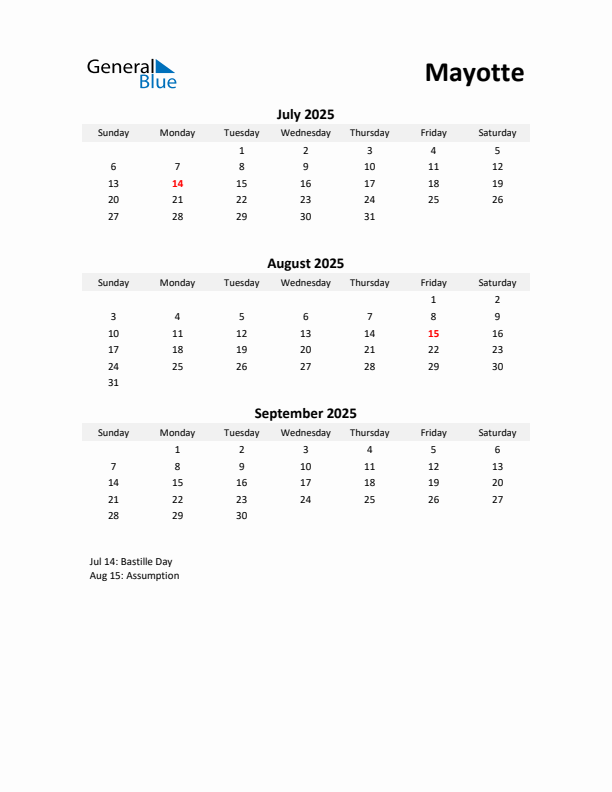 Printable Quarterly Calendar with Notes and Mayotte Holidays- Q3 of 2025