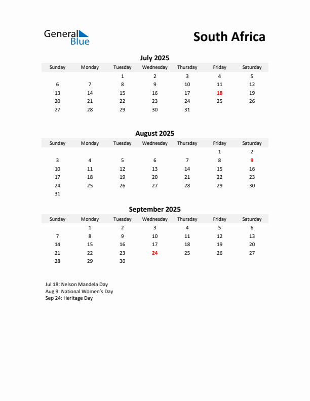 Printable Quarterly Calendar with Notes and South Africa Holidays- Q3 of 2025