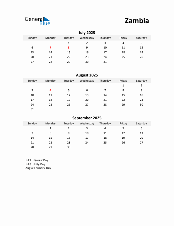 Printable Quarterly Calendar with Notes and Zambia Holidays- Q3 of 2025