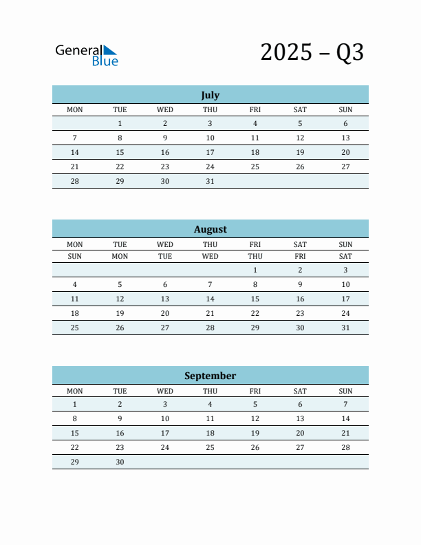 July, August, and September 2025 Calendar