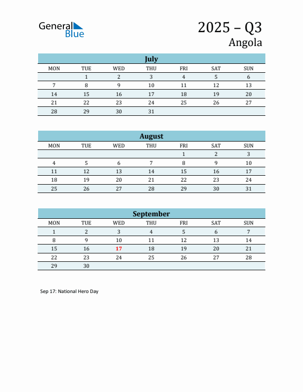 Three-Month Planner for Q3 2025 with Holidays - Angola