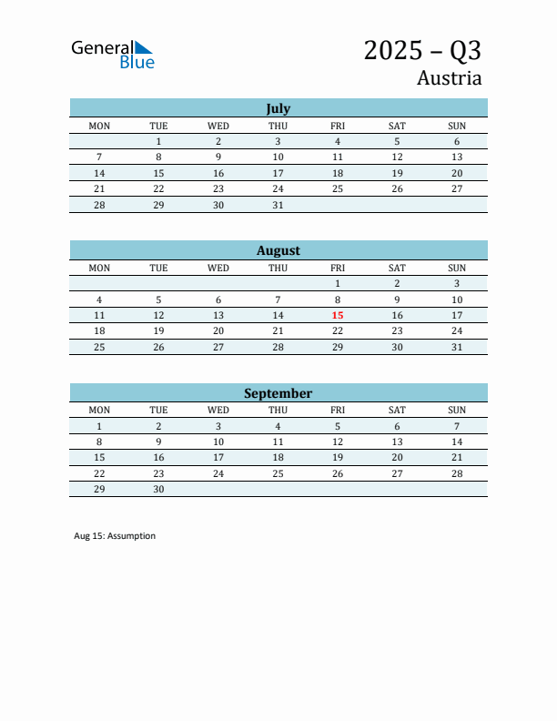 Three-Month Planner for Q3 2025 with Holidays - Austria