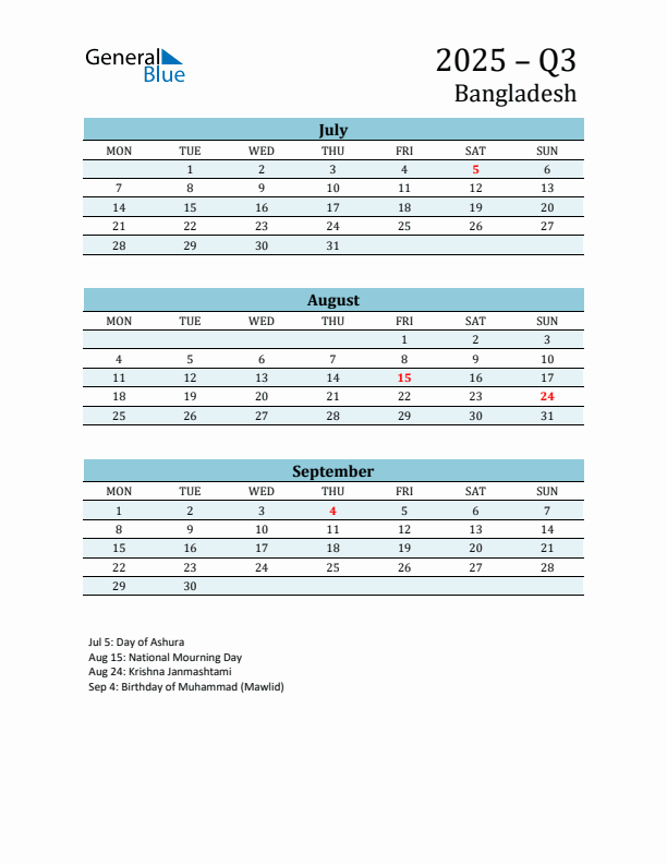 Three-Month Planner for Q3 2025 with Holidays - Bangladesh