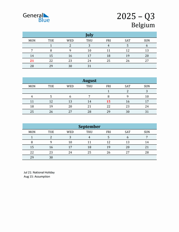 Three-Month Planner for Q3 2025 with Holidays - Belgium