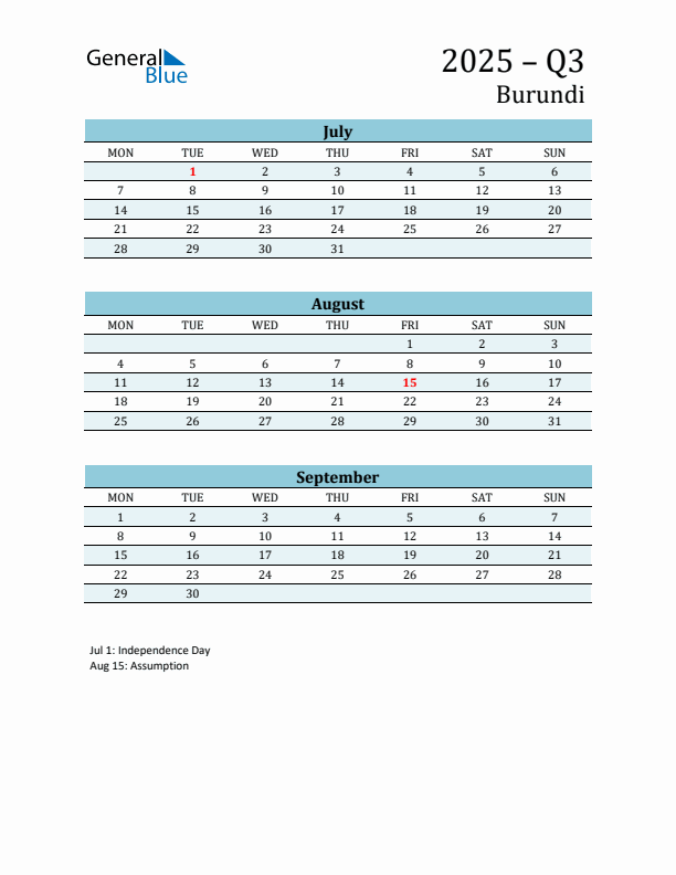 Three-Month Planner for Q3 2025 with Holidays - Burundi