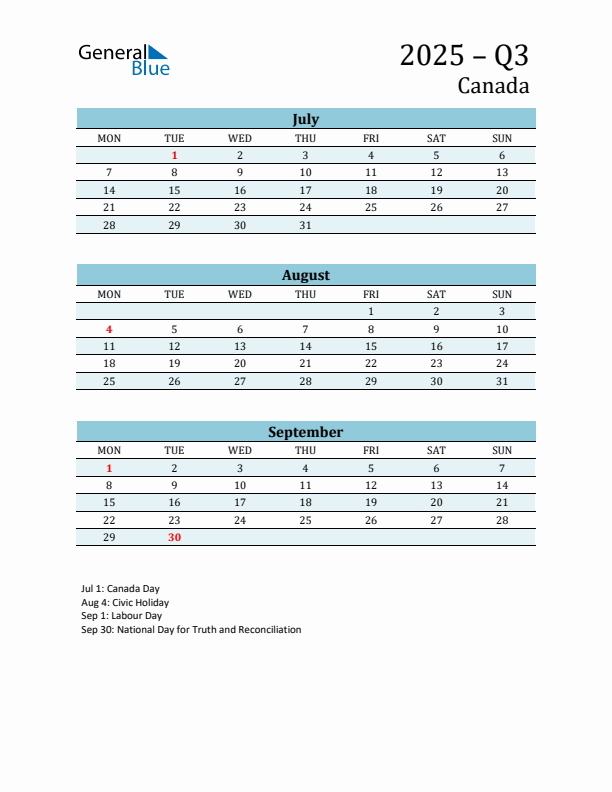 Three-Month Planner for Q3 2025 with Holidays - Canada