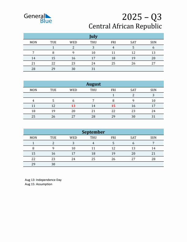 Three-Month Planner for Q3 2025 with Holidays - Central African Republic