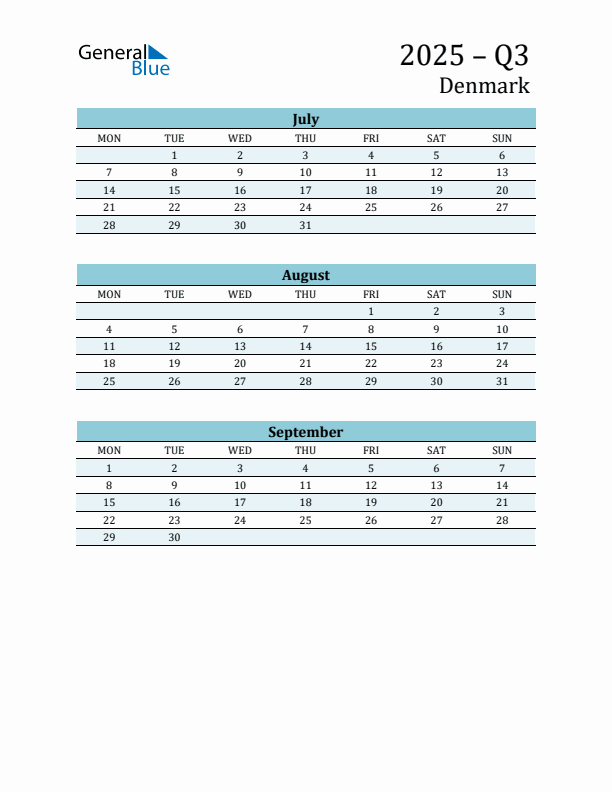 Three-Month Planner for Q3 2025 with Holidays - Denmark