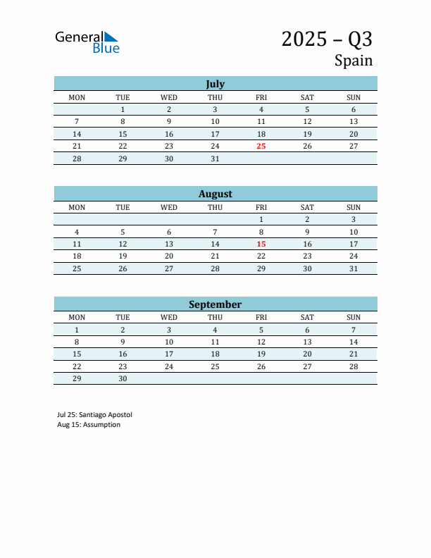 Three-Month Planner for Q3 2025 with Holidays - Spain