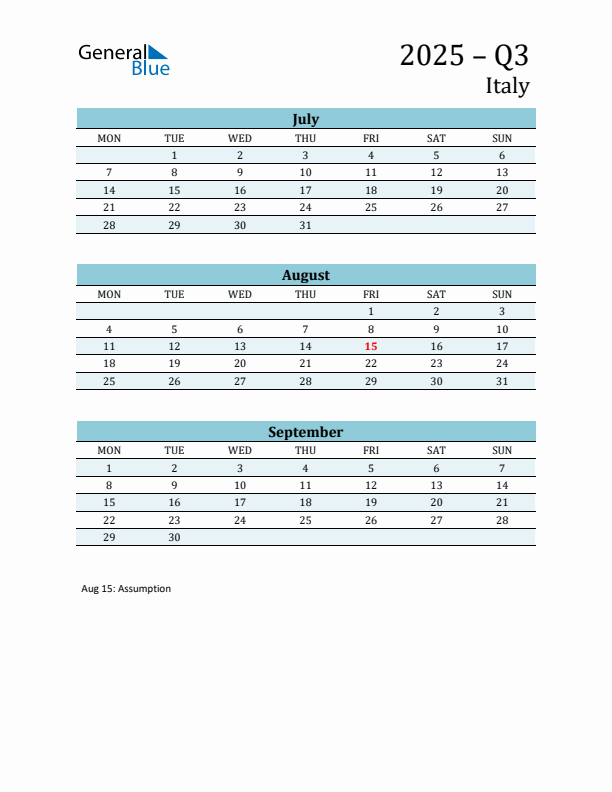 Three-Month Planner for Q3 2025 with Holidays - Italy