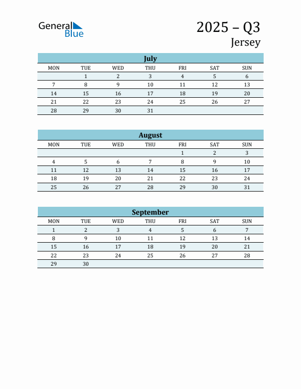 Three-Month Planner for Q3 2025 with Holidays - Jersey