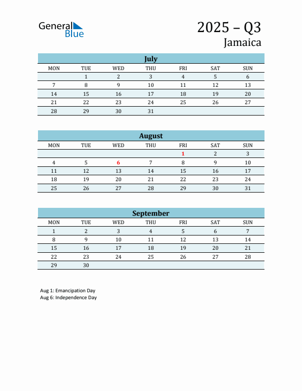 Three-Month Planner for Q3 2025 with Holidays - Jamaica