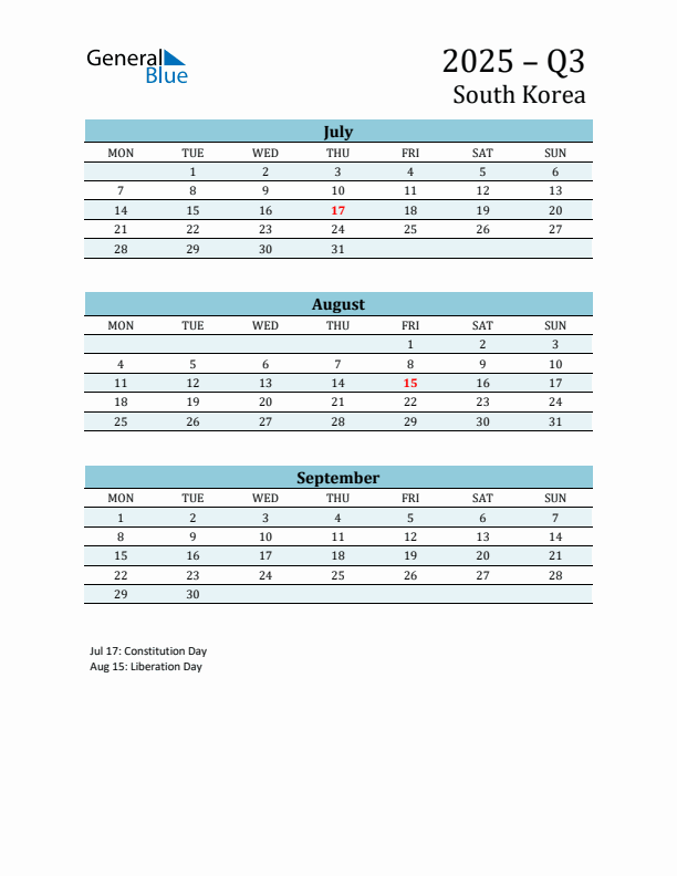 Three-Month Planner for Q3 2025 with Holidays - South Korea