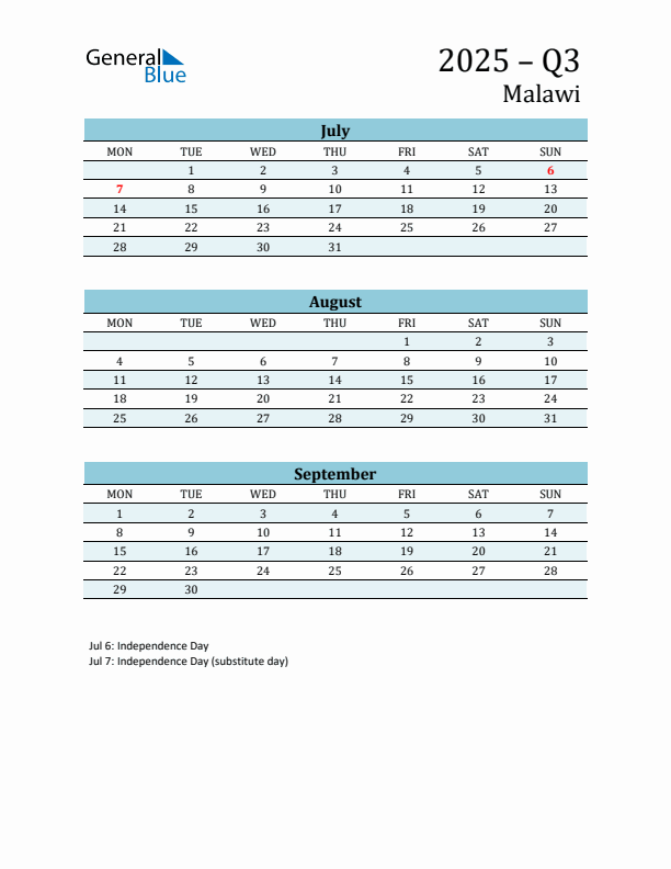 Three-Month Planner for Q3 2025 with Holidays - Malawi