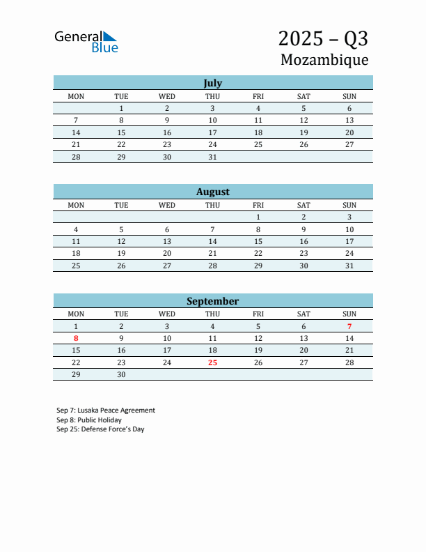 Three-Month Planner for Q3 2025 with Holidays - Mozambique