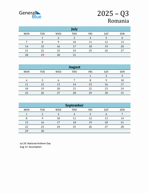 Three-Month Planner for Q3 2025 with Holidays - Romania