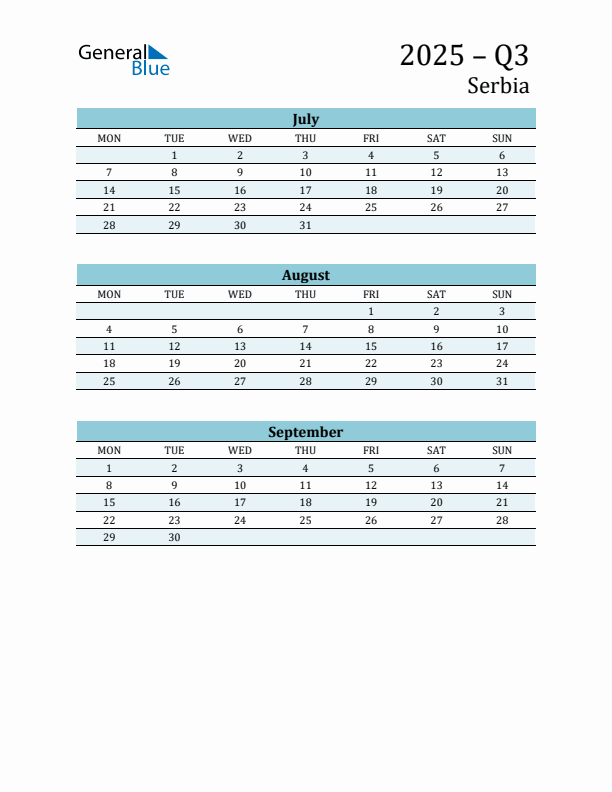 Three-Month Planner for Q3 2025 with Holidays - Serbia