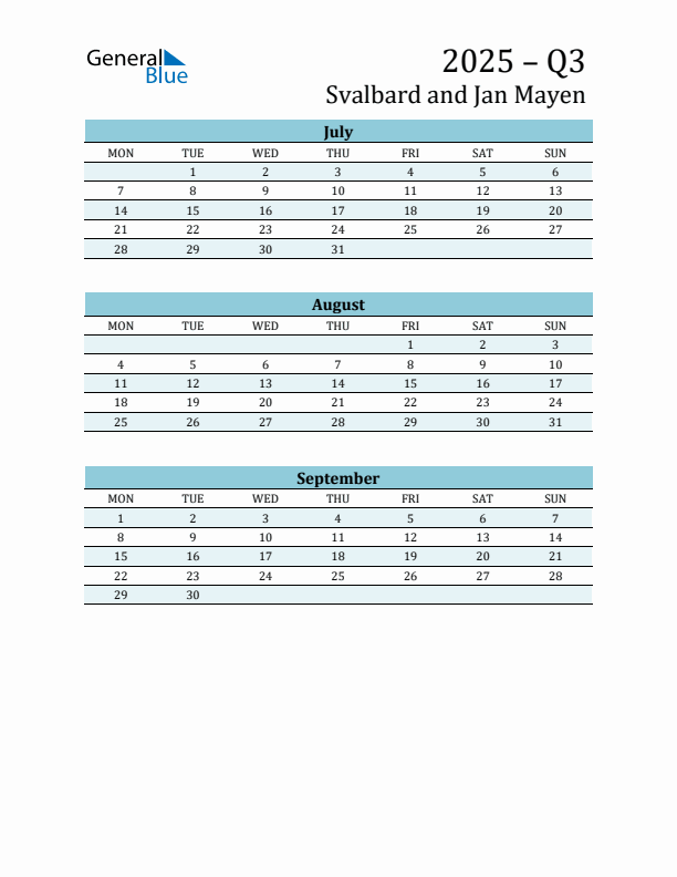 Three-Month Planner for Q3 2025 with Holidays - Svalbard and Jan Mayen