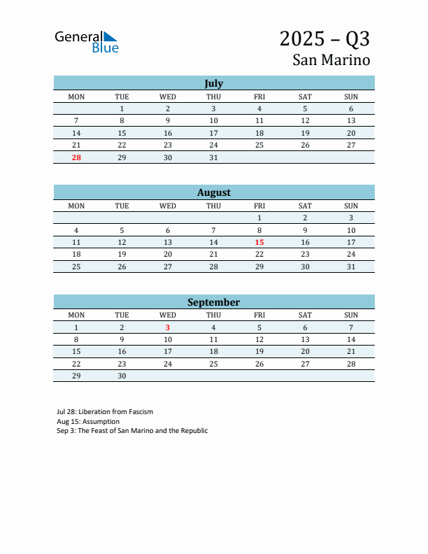 Three-Month Planner for Q3 2025 with Holidays - San Marino