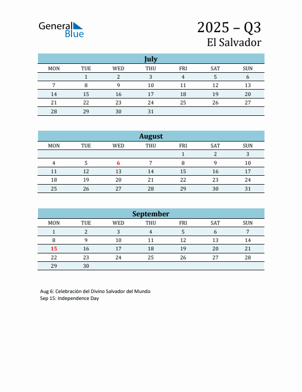 Three-Month Planner for Q3 2025 with Holidays - El Salvador