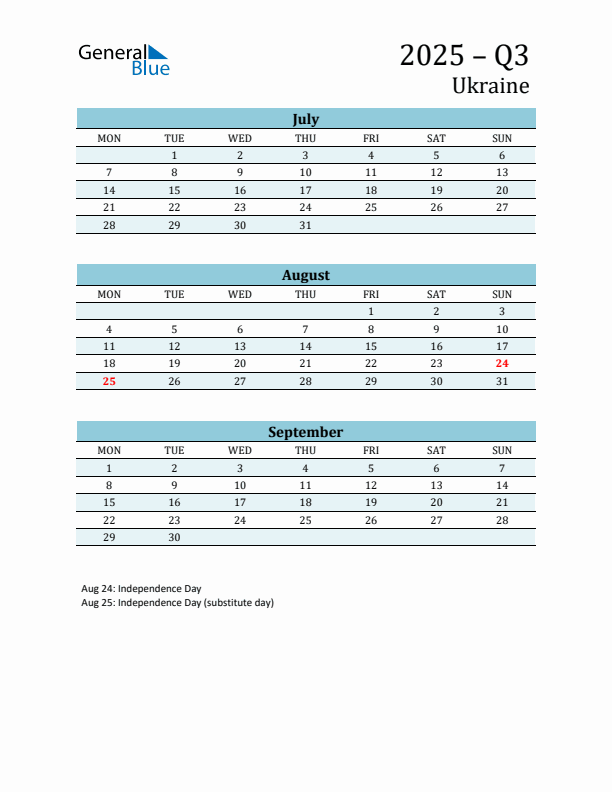 Three-Month Planner for Q3 2025 with Holidays - Ukraine