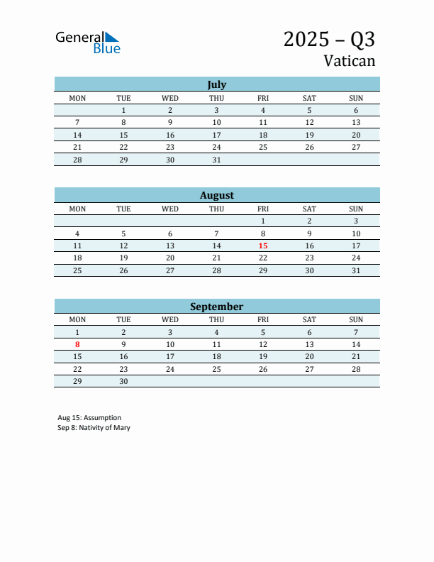 Three-Month Planner for Q3 2025 with Holidays - Vatican