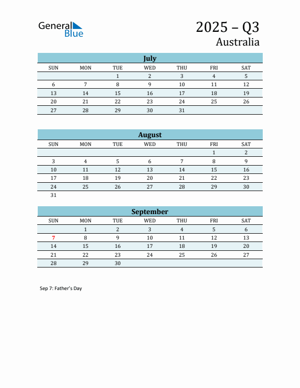 Three-Month Planner for Q3 2025 with Holidays - Australia