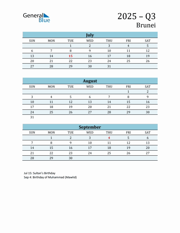 Three-Month Planner for Q3 2025 with Holidays - Brunei