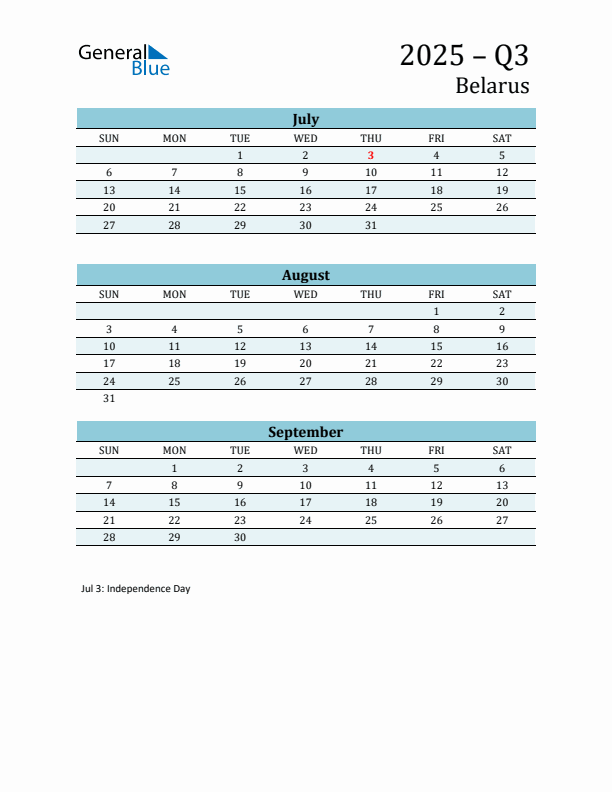 Three-Month Planner for Q3 2025 with Holidays - Belarus