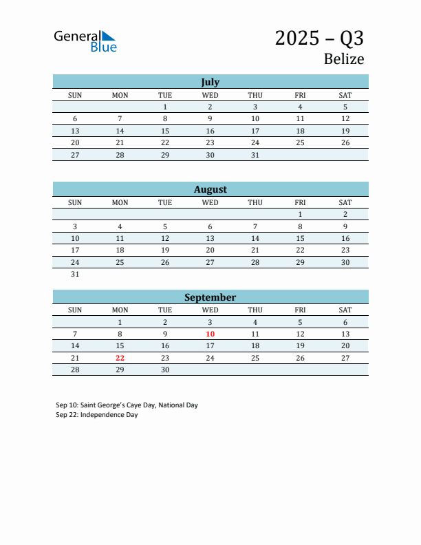 Three-Month Planner for Q3 2025 with Holidays - Belize