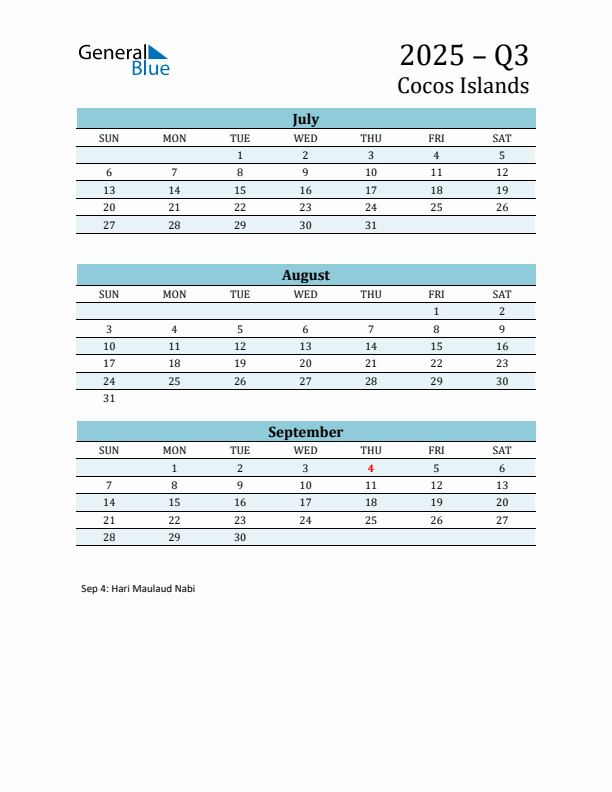 Three-Month Planner for Q3 2025 with Holidays - Cocos Islands